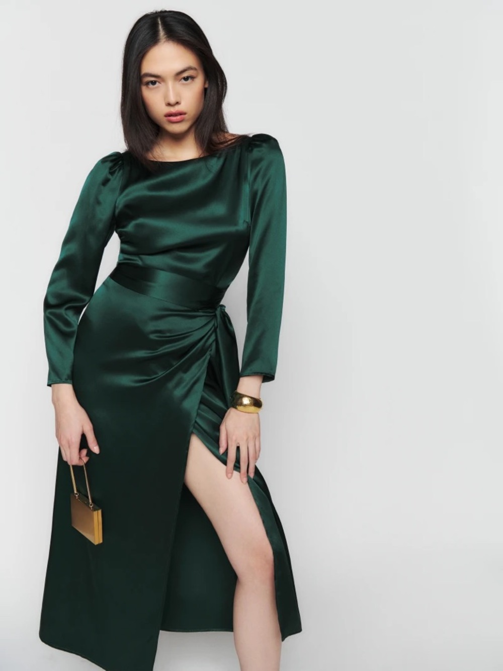 Reformation Cassis Long Sleeve Midi Forest Dark Green 100% Silk Dress Size 2